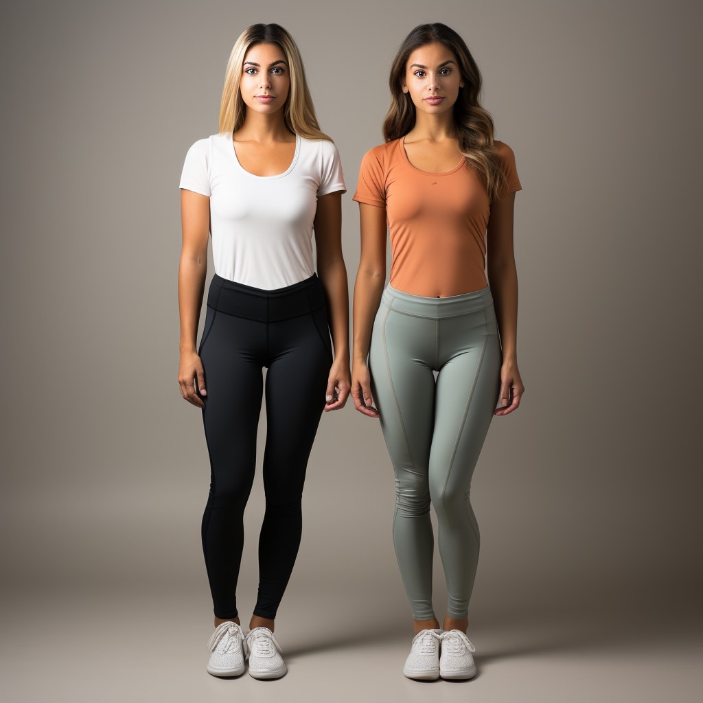 A side-by-side comparison of a woman wearing Lululemon leggings on the left and Zyia leggings on the right